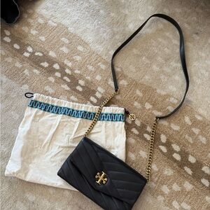 Tory Burch Kira Chevron Black Quilted Crossbody Bag with Gold Chain